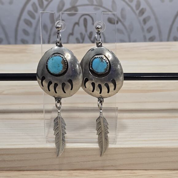 Silver Turquoise Bear Paw Feather Dangle Earrings Native American Tribal - Picture 3 of 13